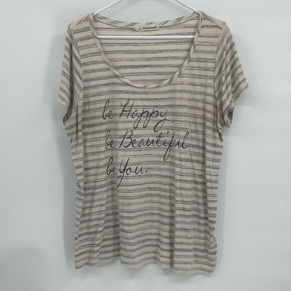 Maurices Striped Be Happy Graphic Tee Short Sleeve Gray Stripe Cream XL - Picture 1 of 6